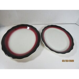 Vintage Jackson Custom China Oval Platters Scalloped Rim Burgundy Black Set of 2
